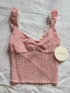 Passport Pink Gingham Smocked Tank with Lace Trim